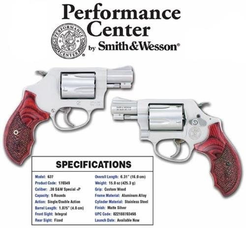 Smith & Wesson Model 637 Performace Center 38 Spl, SS Finish, Wood Grips, 5 Rnd