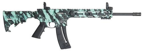 Smith & Wesson M&P15-22, AR, 22 LR, 16.5", Robin's Egg Blue Platinum Camo Finish, 6 Position Collapsible Stock, Threaded, 25rd, Flip Up Front and Rear