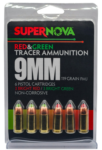 Supernova PMSN9MMMP Green/Red Tracer 9mm Luger Ammo 119 Grain Full Metal Jacket (FMJ) - 6 Round Box
