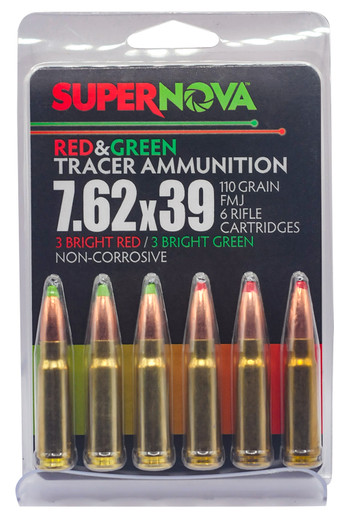Supernova PMSN762MP7.62x39mm 110gr FMJ Green/Red Tracer - 6 Rounds per Box