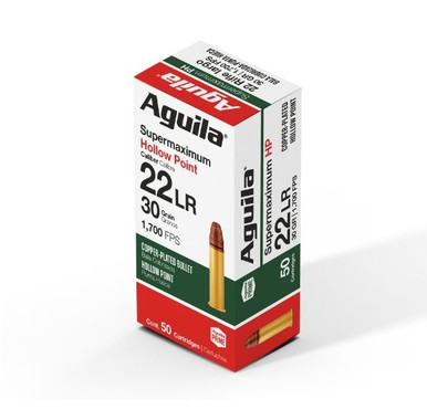 Aguila 22LR Ammunition 1B222297 Supermaximum Hyper Velocity 30 Grain Copper Plated Hollow Point Brass Casings 50 rounds