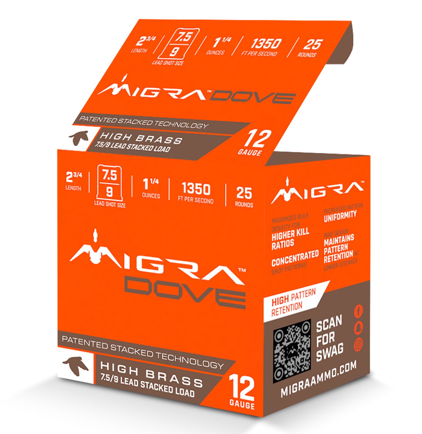 Migra High Brass Stacked Dove Shotshells M12UD759, 12 Gauge, 2 3/4", 1 1/4 oz, 1350fps, 7.5/9 Shot, 25 Rd/bx