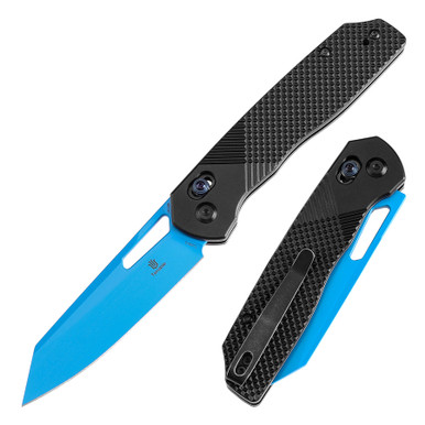 Tenable Knives Shard Crossbar Lock Folding Knife - 3.47" 14C28N Blue Coated Reverse Tanto Blade, Black Aluminum Diamond Pattern Handle - T1006V2