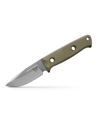 Benchmade Shane Sibert Mini Bushcrafter Fixed Blade Knife - 3.3823" CPM-S30V Satin Drop Point Blade, Green G10 Handles with Red Spacers, Leather Sheath - 165-1