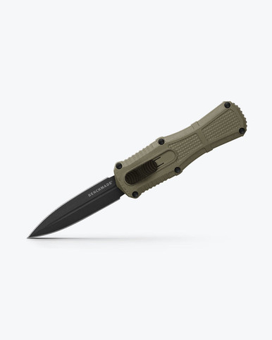 Benchmade Mini Claymore OTF AUTO Knife - 3.02" CPM-D2 Smoke Gray PVD Double Edge Dagger Blade, Ranger Green Grivory Handles - 3375GY-1