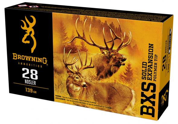 Browning BXS Solid Expansion 28 Nosler 139gr. Solid Copper Polymer Tip Boat Tail Lead-Free 20rd Box #B192400281