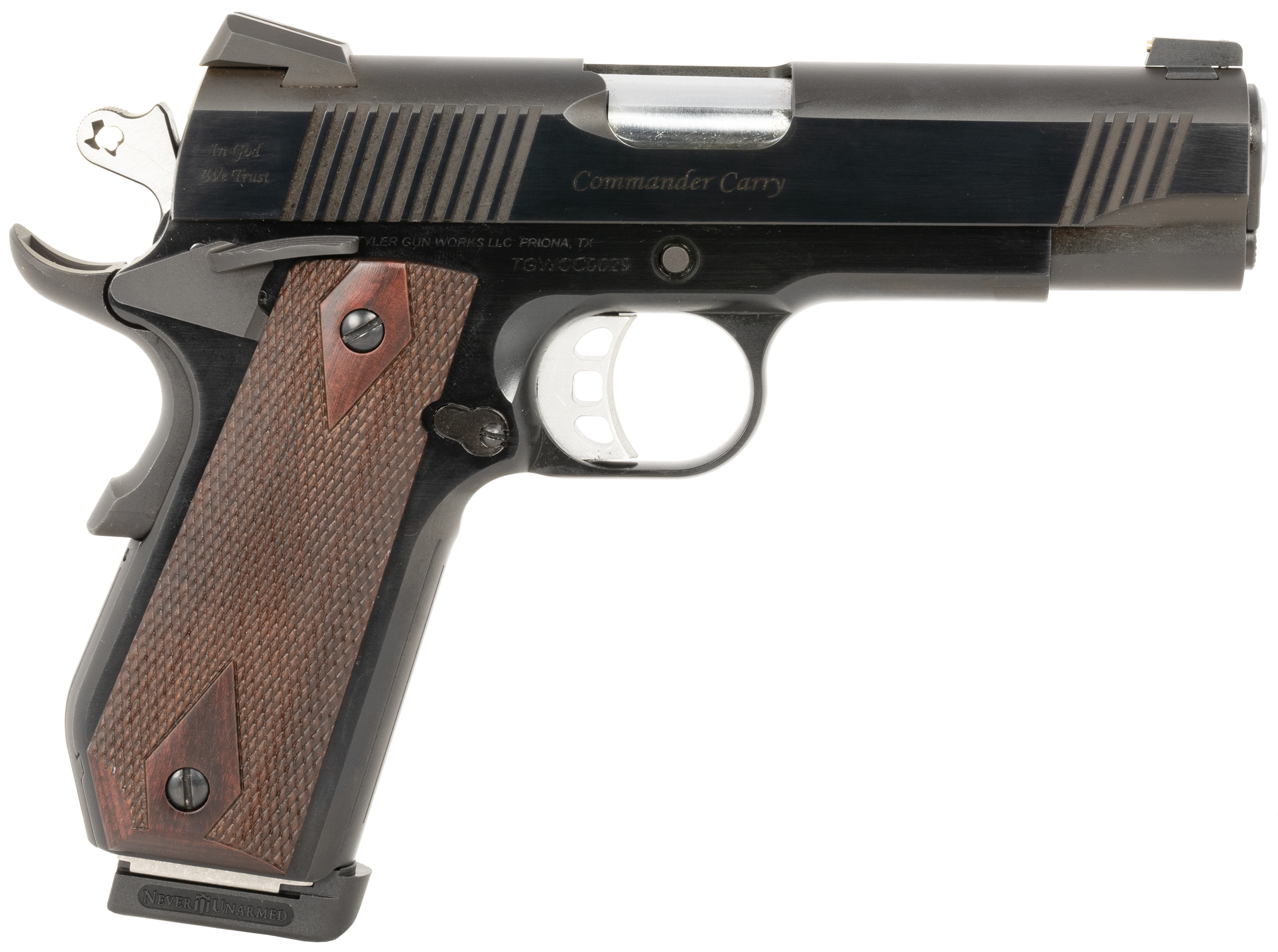 EAA Custom 1911 Commander Pistol TGWCMBL45, 45 ACP, 4.25in, Walnut Grips, Blued Finish, 7 Rds