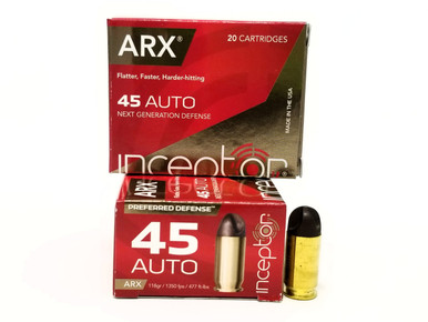 Inceptor 45 Auto Ammunition 45ARXBR-118-20 118 Grain ARX Copper Polymer 20 Rounds