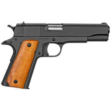 Rock Island 51815 GI Standard FS *CA Compliant 38 Super Caliber with 5" Barrel, 10+1 Capacity, Overall Black Parkerized Finish Steel Beavertail Frame, Serrated Slide & Wood Grip