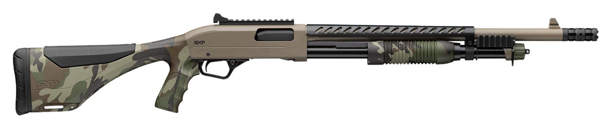 Winchester SXP Extreme Defender Compact Shotgun 512460395, 12 Gauge, 18.50", 3" Chmbr, Adj Cheek Riser Stock, FDE Finish, Woodland Camo Stock