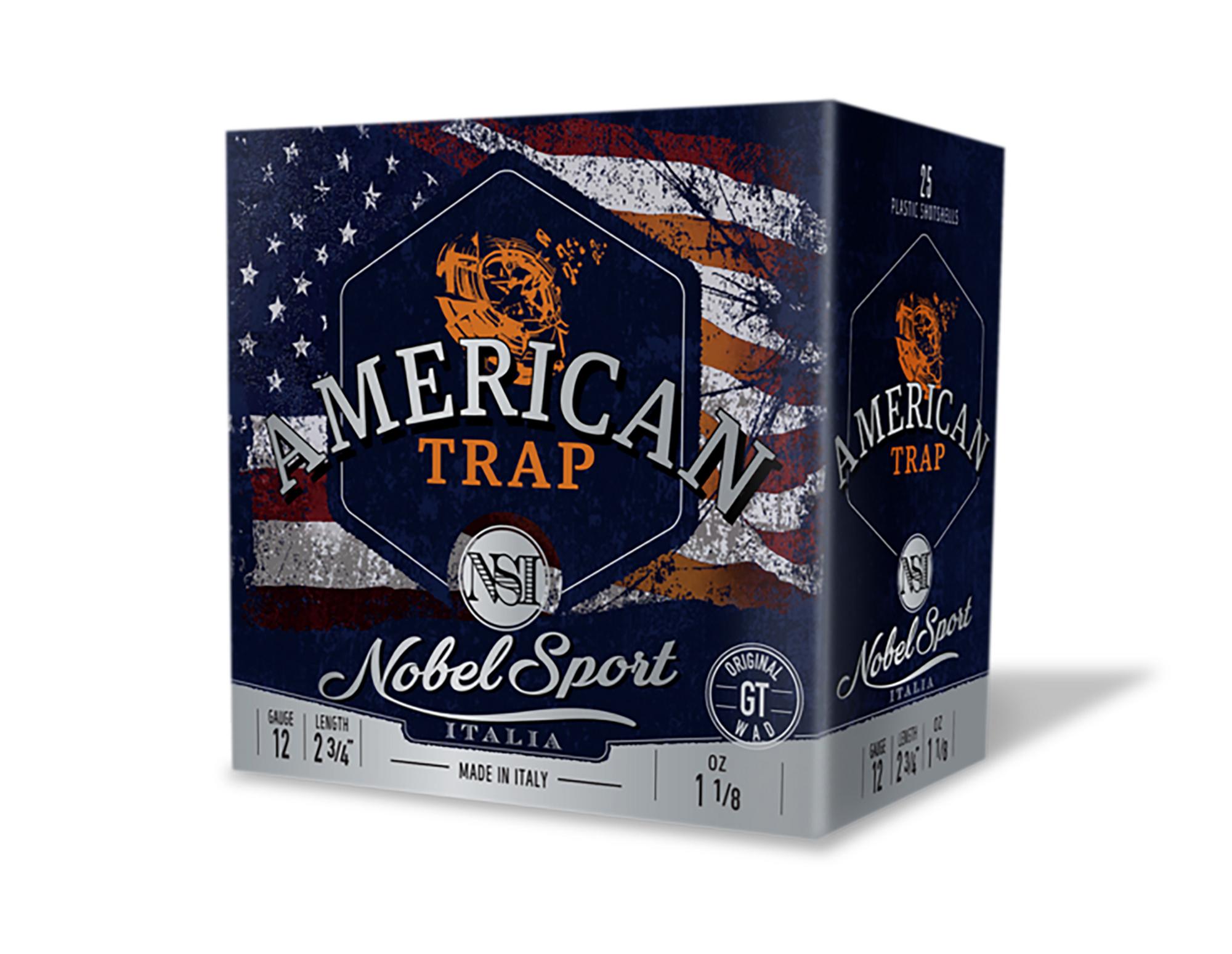 Nobel Sport American Trap Shotshells ANS12FSC8, 12 Gauge, 2-3/4", 1 1/8 oz, 1300 fps, #8 Lead Shot, 250 Rds/Cs