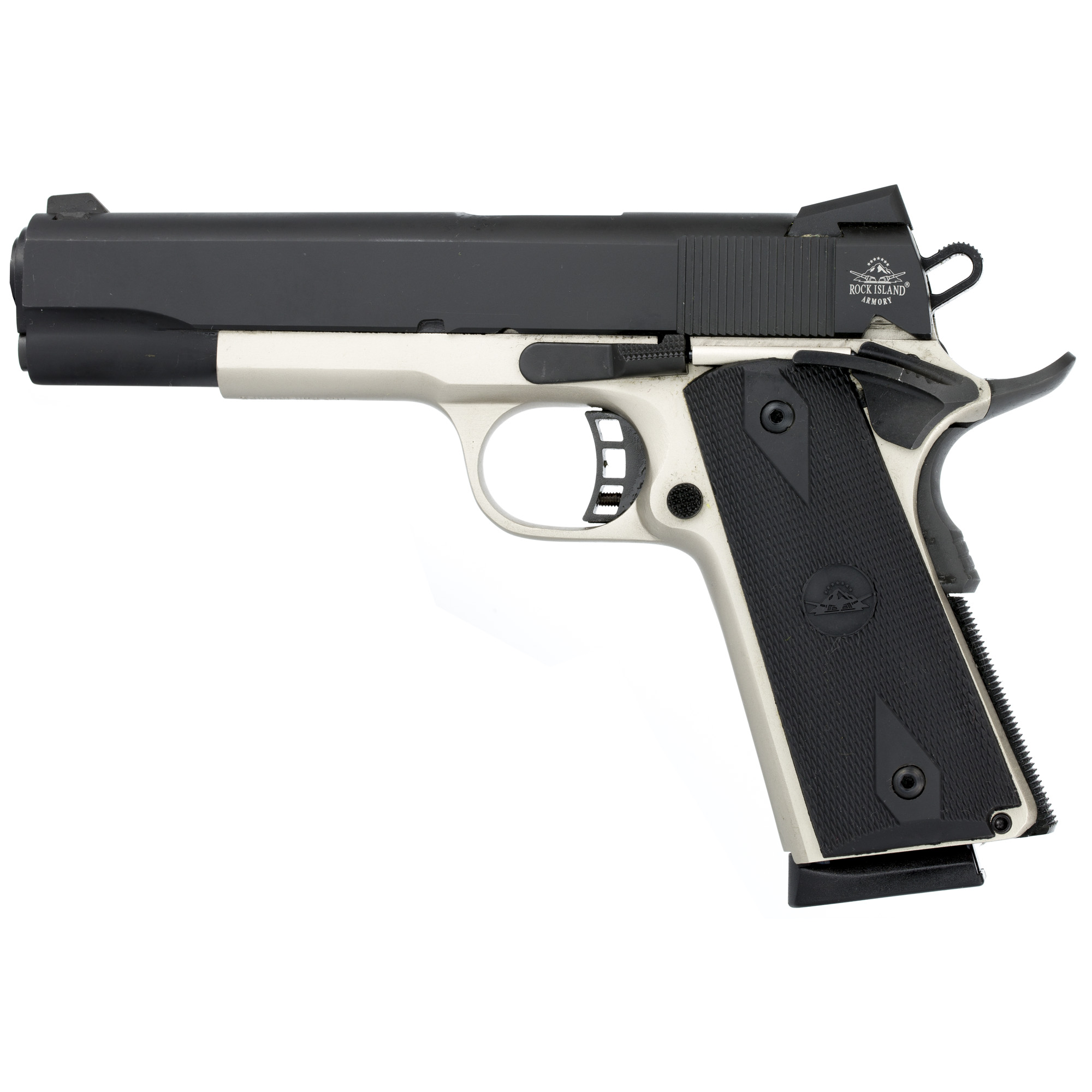 Rock Island Rock Standard FS 45 ACP 5” 8+1 Nickel Black Parkerized Steel Slide Black Rubber Grip