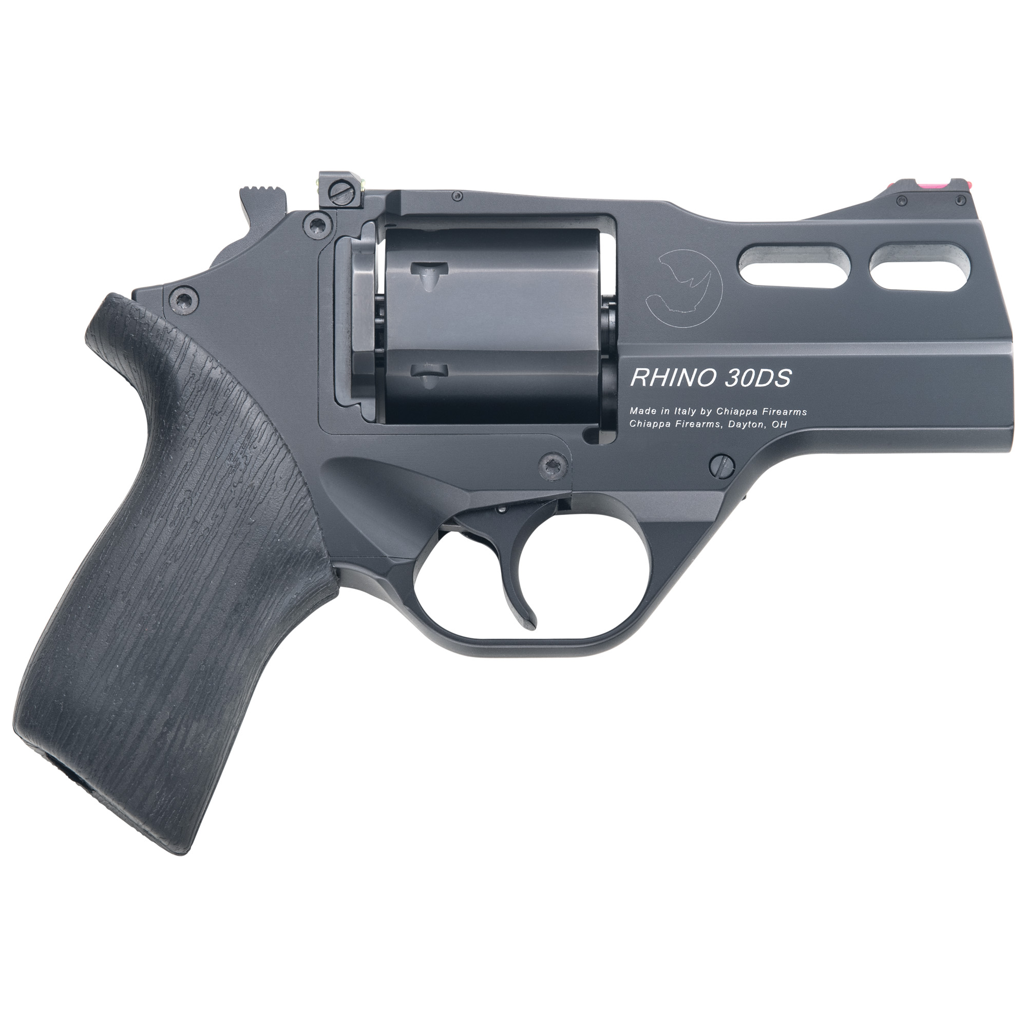 Chiappa Firearms 340289 Rhino 30DS Small Frame 357 Mag 6 Shot, 3” Black Anodized Steel Vent Rib Barrel, Blued Steel Cylinder, Black Anodized Aluminum Frame, Black Rubber Grip, Concealed Hammer