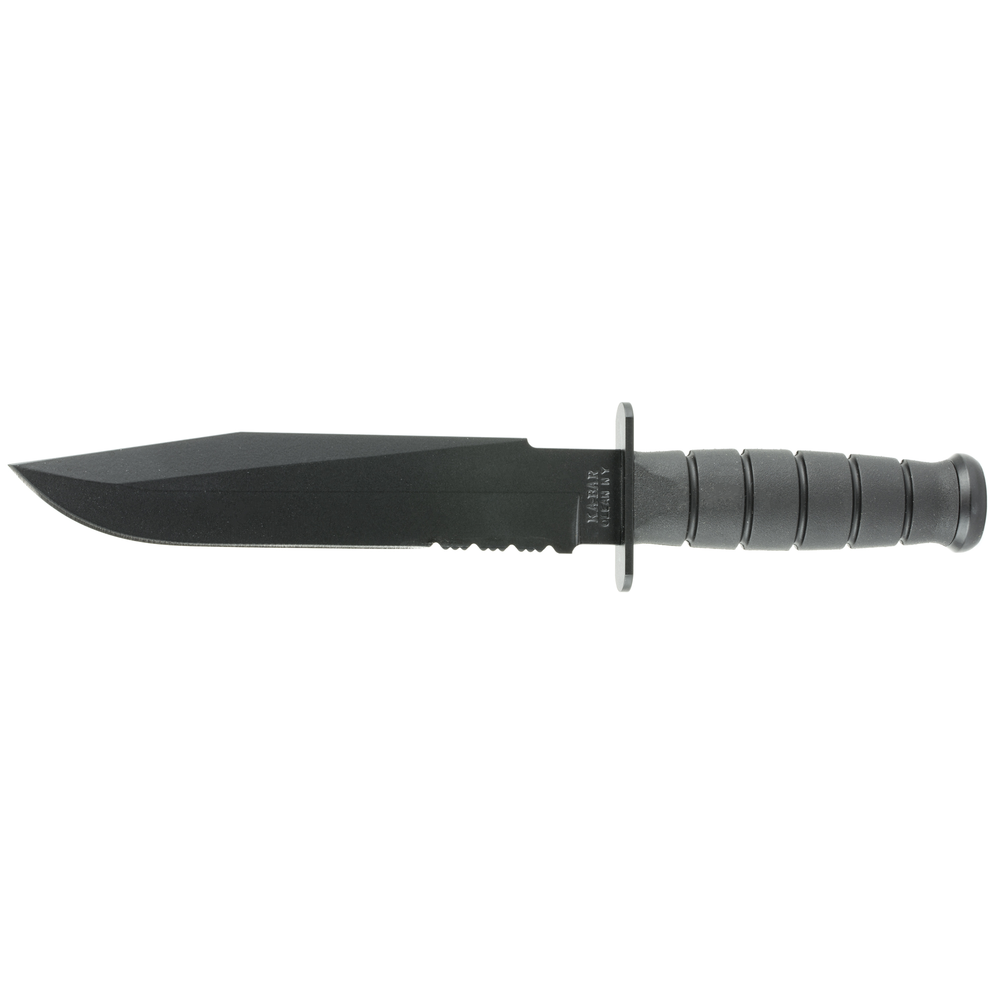Ka-Bar 1271 Fighter 8” Fixed Clip Point Part Serrated Black 1095 Cro-Van Blade, Black Kraton G Handle, Includes Sheath