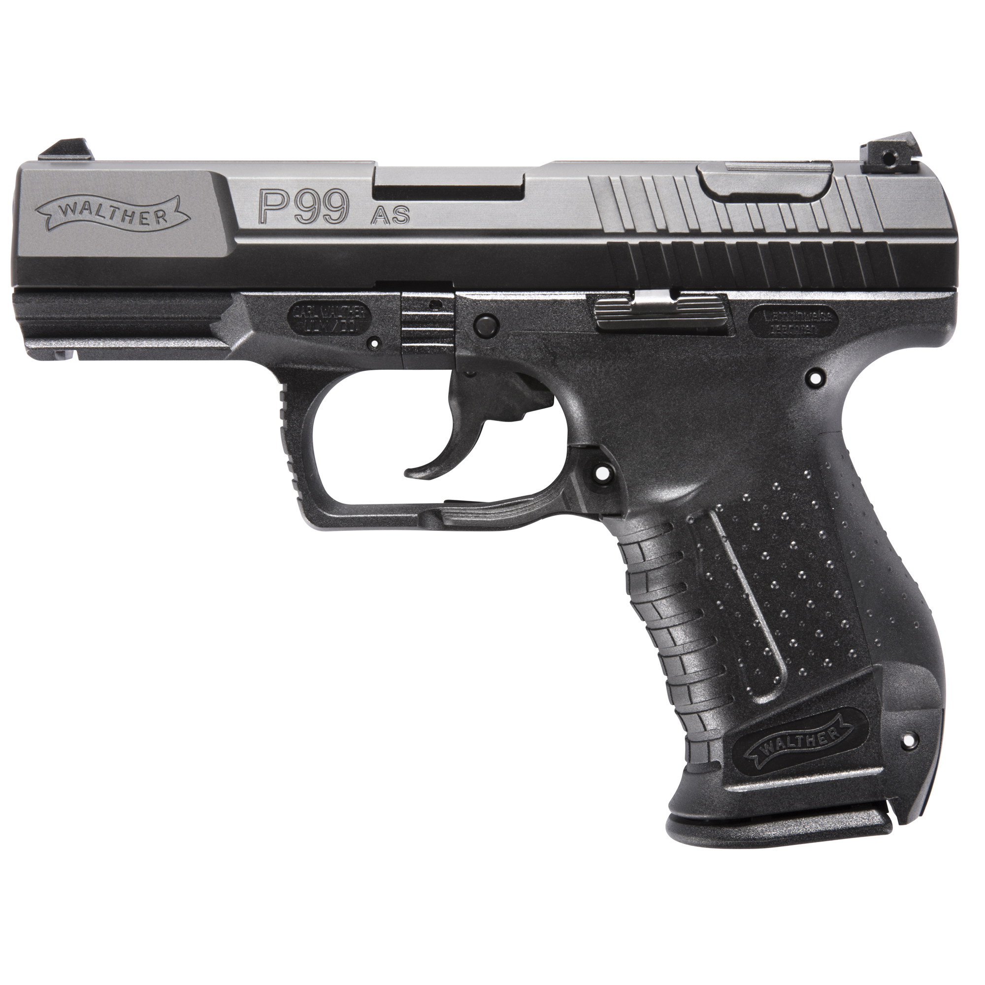 Walther Arms 2796325 P99 AS 9mm Luger Caliber with 4” Barrel, 15+1 Capacity, Black Finish Picatinny Rail Frame, Serrated Matte Black Tenifer Steel Slide & Finger Grooved Interchangeable Backstrap Grip
