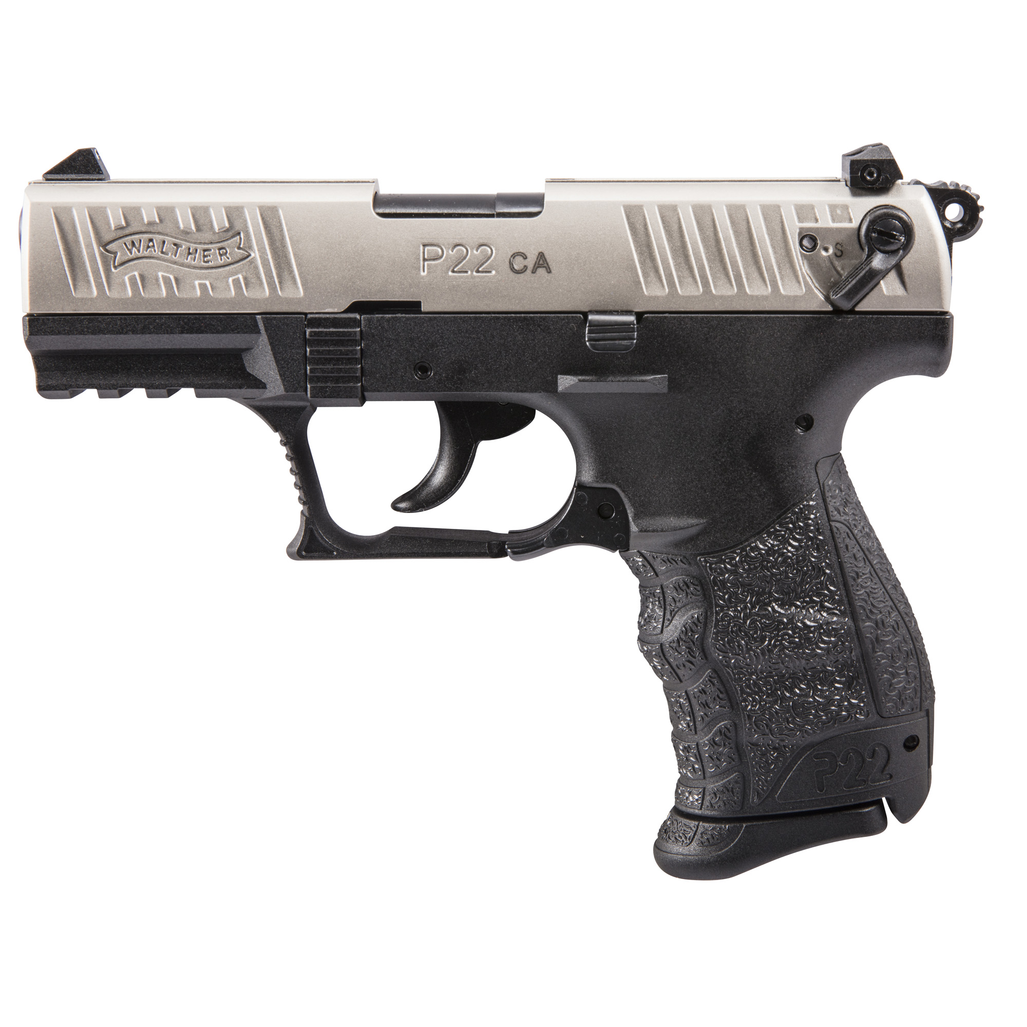 Walther Arms 5120336 P22 *CA Compliant 22 LR 10+1 3.42” Nickel Serrated/Steel Slide, Black Polymer Frame w/Picatinny Rail, Black Interchangeable Backstrap Grips