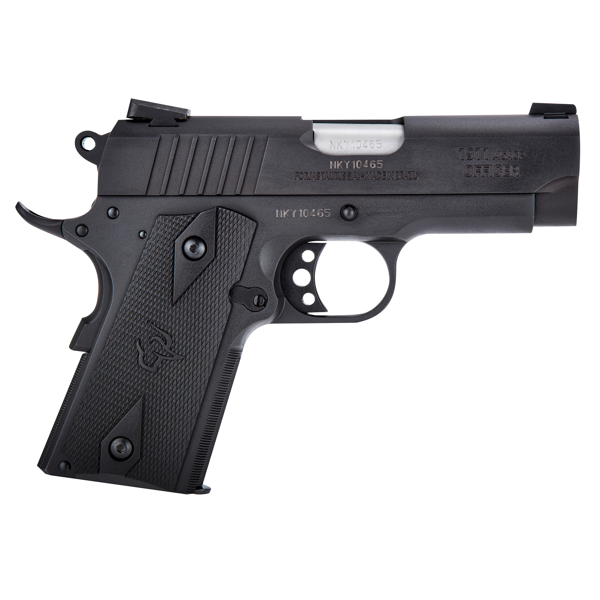 Taurus 1191101OFC 1911 Officer 45 ACP Caliber with 3.50” Barrel, 6+1 Capacity, Overall Matte Black Finish Steel, Beavertail Frame, Serrated Slide & Checkered Polymer Grip