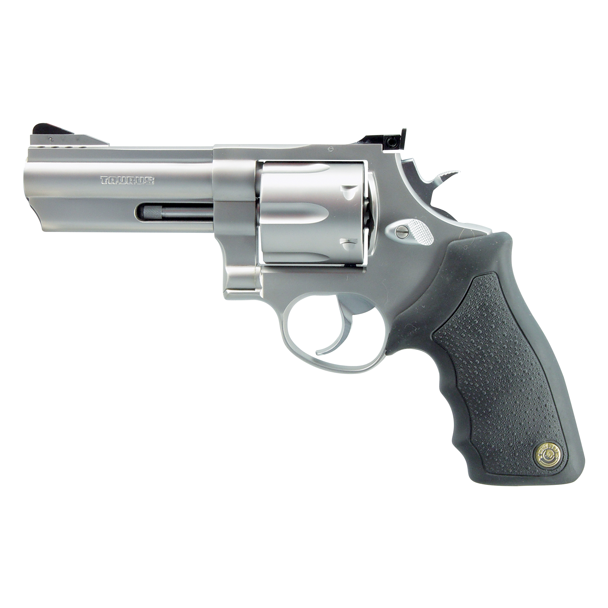 Taurus 2-440049 44 Large 44 Rem Mag 6 Shot 4” Matte Stainless Ported Barrel, Cylinder & Frame, Black Finger Grooved Rubber Grip, Transfer Bar Safety, Exposed Hammer