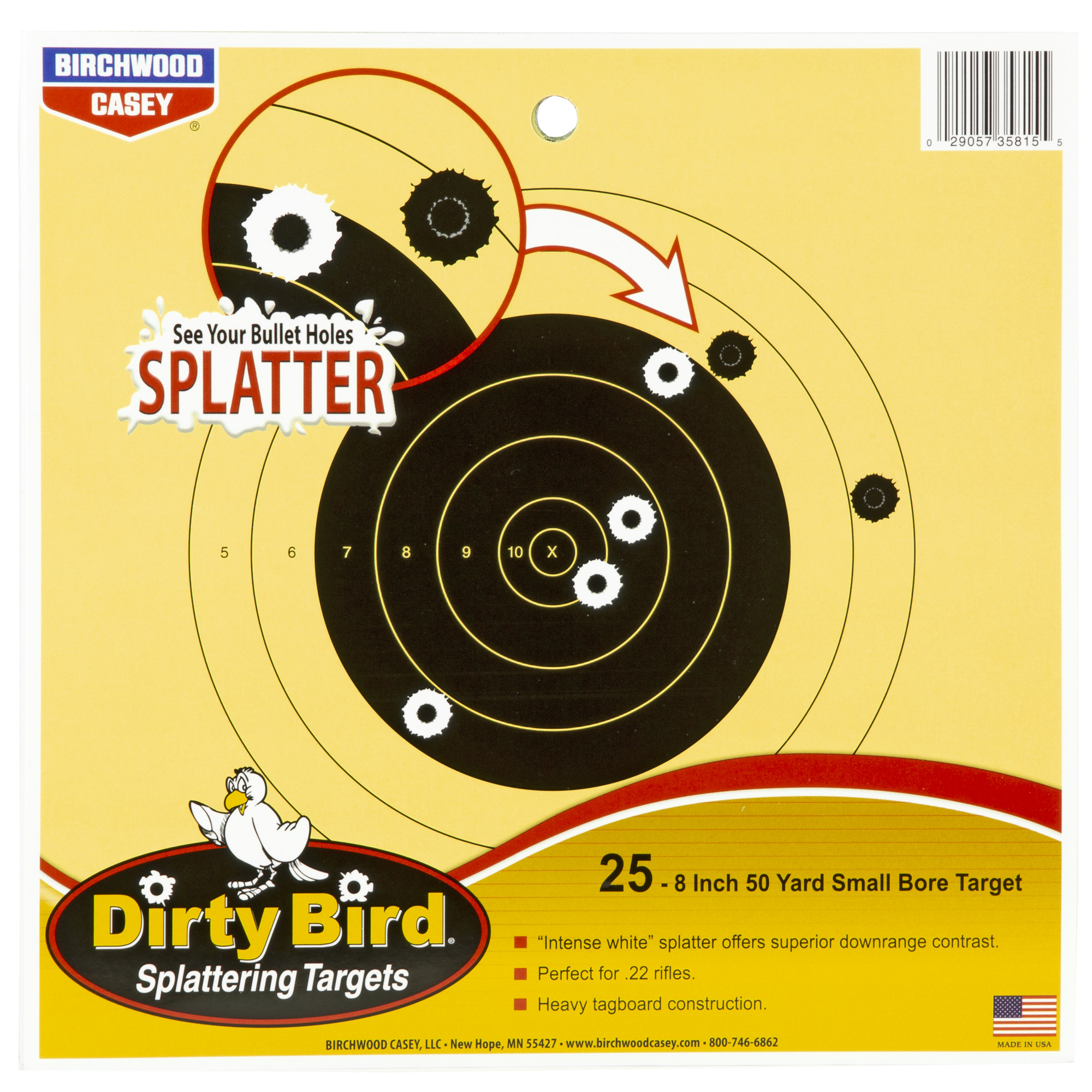 Birchwood Casey 35815 Dirty Bird 8” Bullseye Tagboard Hanging 50 yds Small Bore Rifle Black/Yellow 25 Per Pkg
