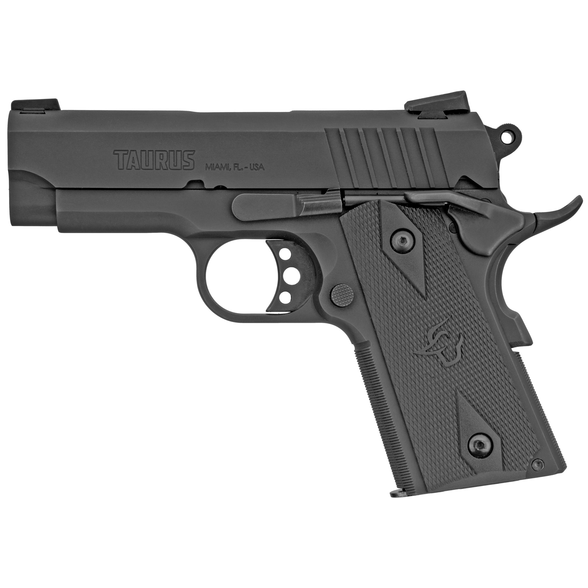 Taurus 1191101OFC9MM 1911 Officer 9mm Luger Caliber with 3.50” Barrel, 8+1 Capacity, Overall Matte Black Finish Steel, Beavertail Frame, Serrated Slide & Checkered Polymer Grip