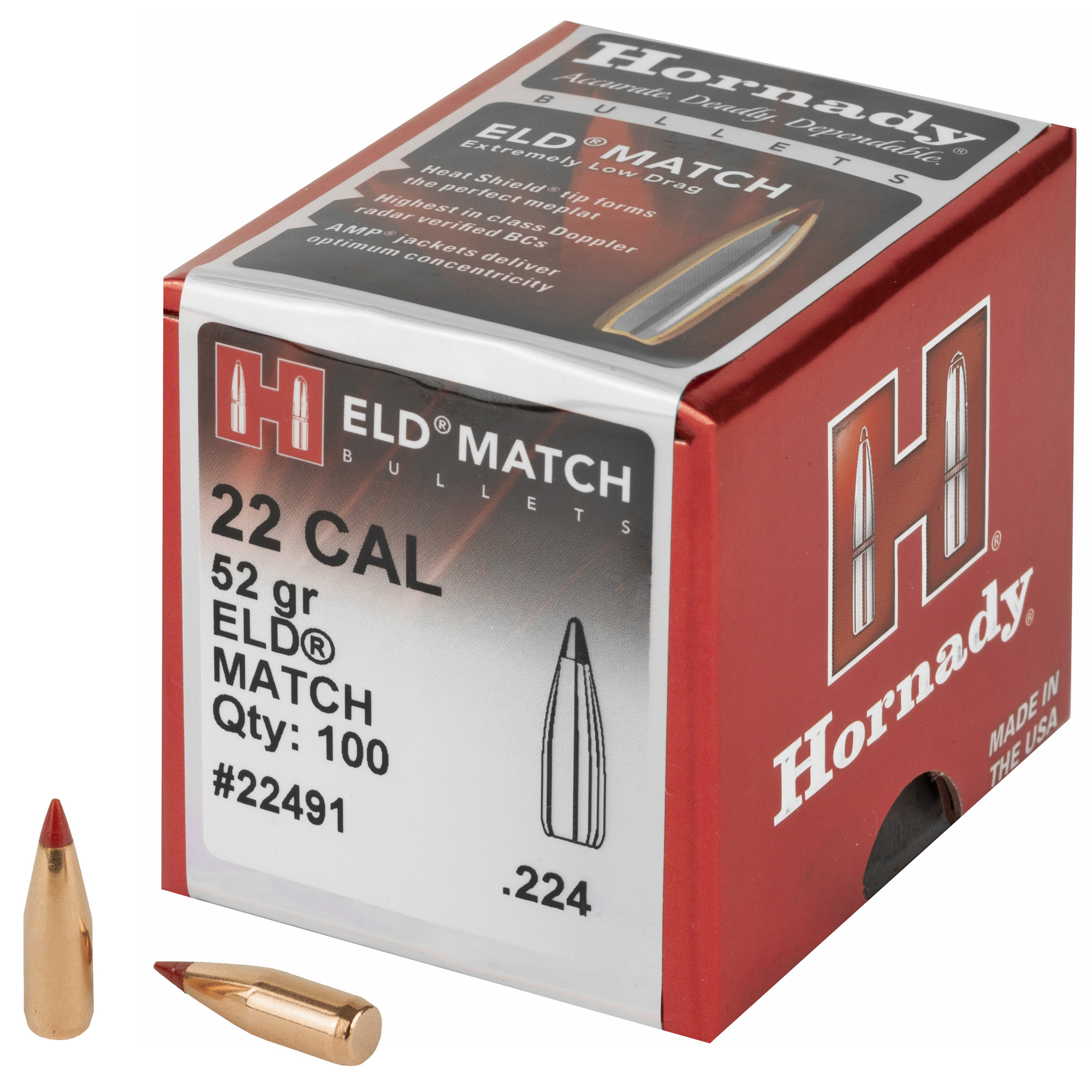 Hornady 22491 ELD Match 22 Cal .224 52 gr Extremely Low Drag Match 100 Per Box/ 40 Case