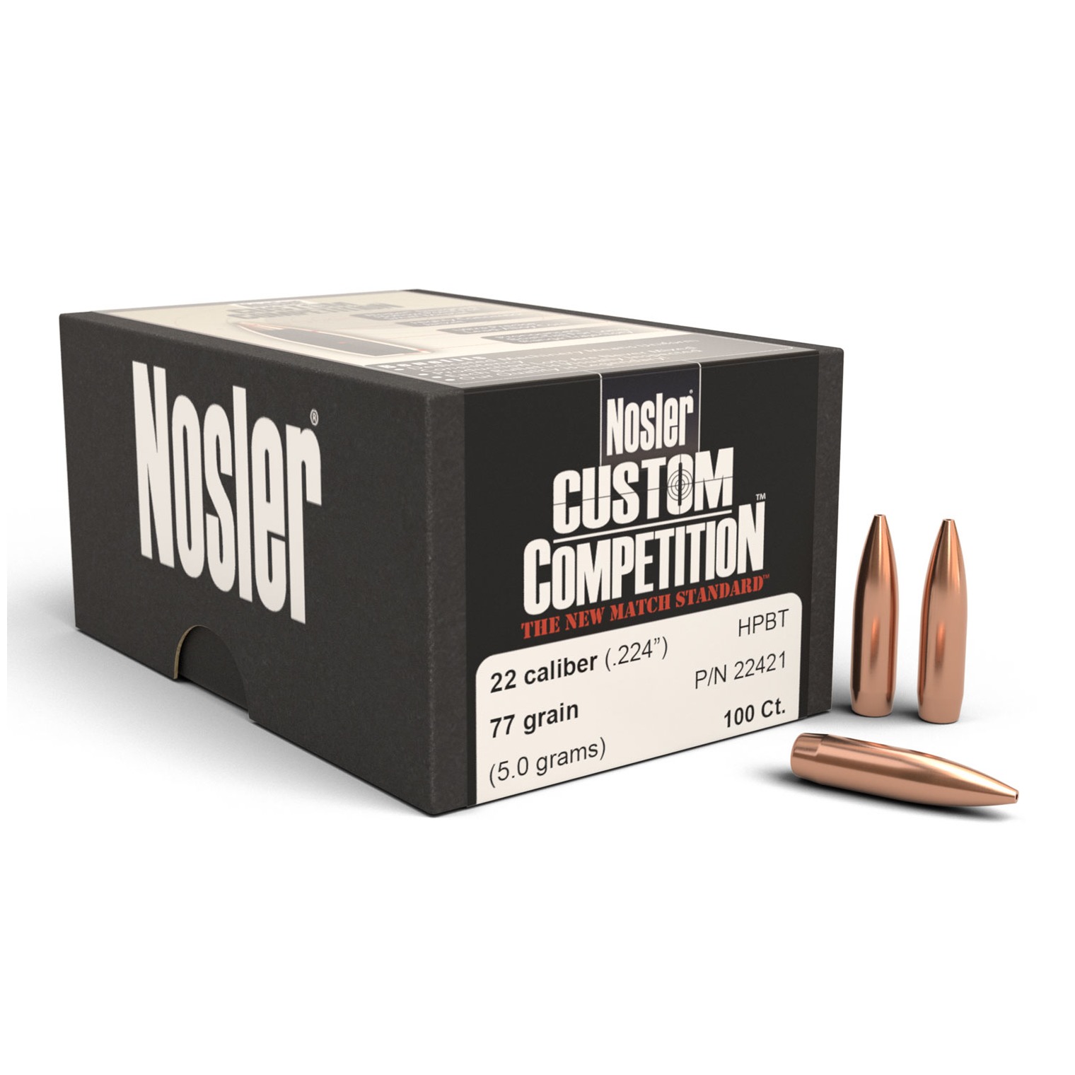 Nosler 22421 Custom Competition 22Cal 77gr Hollow Point Boat Tail 100/Box