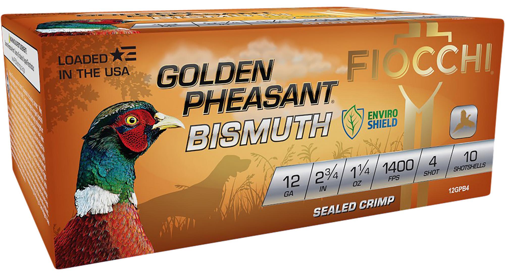 Fiocchi Golden Pheasant Bismuth Shotshells 12GPB4, 12 Gauge, 2-3/4", 1 1/4 oz, 1400 fps, #4 Steel Shot, 10 Rds/box