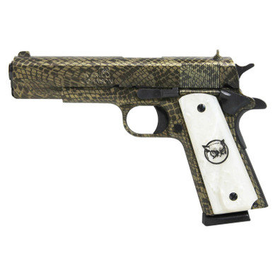 Iver Johnson Arms 1911A1WATERMOCCASIN 1911 A1 Water Moccasin 45 ACP 8+1 5" Black Steel Barrel, Green Snakeskin Hydrographic Serrated Steel Slide & Frame w/Beavertail, White Synthetic Pearl Grip