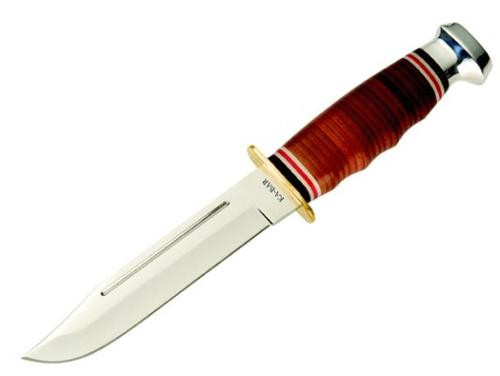 Ka-Bar Marine Hunter 5.88" Fixed Clip Point Plain Polished 4116 SS Blade, Stacked Finger Grooves Leather Handle, Includes Sheath