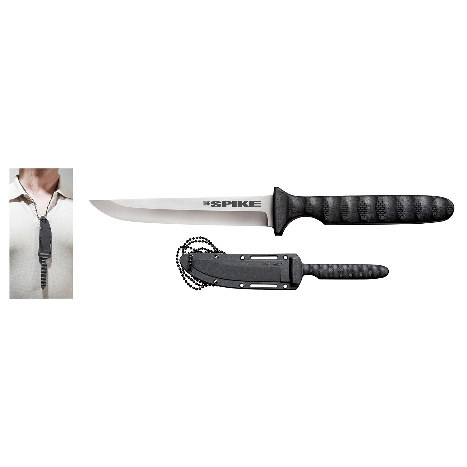 Cold Steel CS-53NCC Spike 4” Fixed Drop Point Plain Cryo 4116 SS Blade/Black Scalloped Griv-Ex Handle Includes Bead Chain Lanyard/Sheath