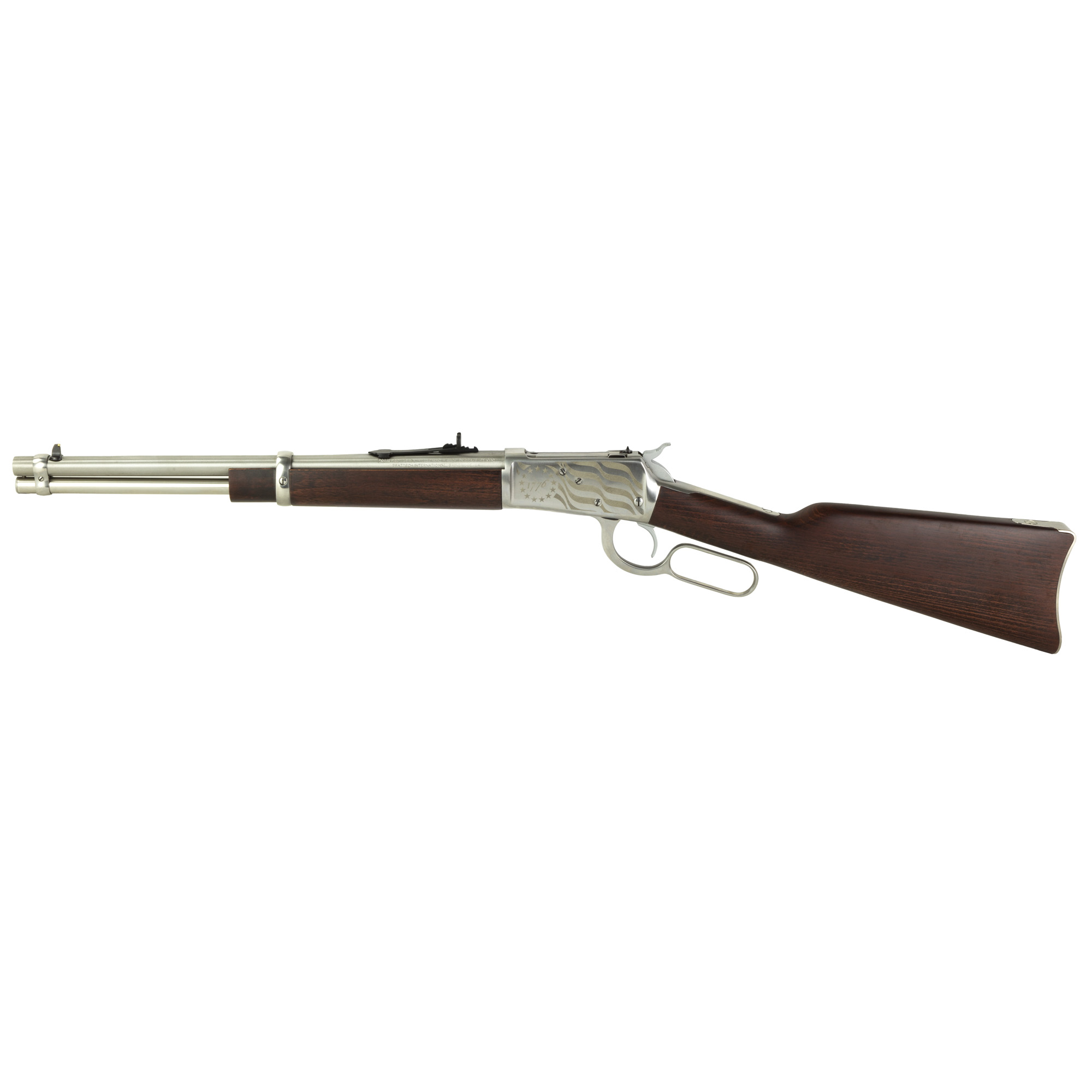 Rossi 923571693EN1 R92 Carbine 38 Special +P/357 Mag 8+1, 16” Stainless Steel Barrel, Stainless w/1776 Flag Engraving Steel Receiver, Hardwood Fixed Stock, Right Hand