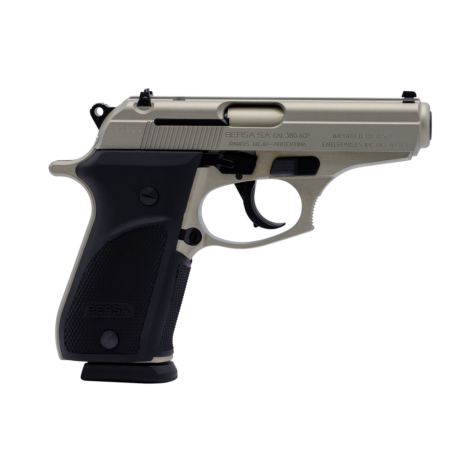 Bersa THUN380PNKL15 Thunder Plus 380 ACP 15+1 3.50” Barrel, Satin Nickel Finished Aluminum Frame, Serrated Steel Slide, Black Rubber Grip, Decocker Safety