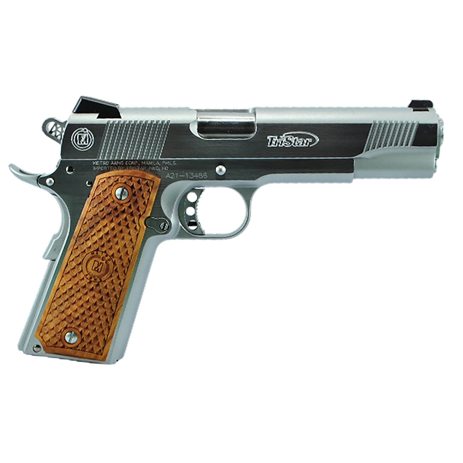 TriStar 85615 American Classic II 1911 9mm Luger Caliber with 5” Barrel, 9+1 Capacity, Overall Chrome Finish Steel, Beavertail Frame, Serrated Slide & Wood Grip
