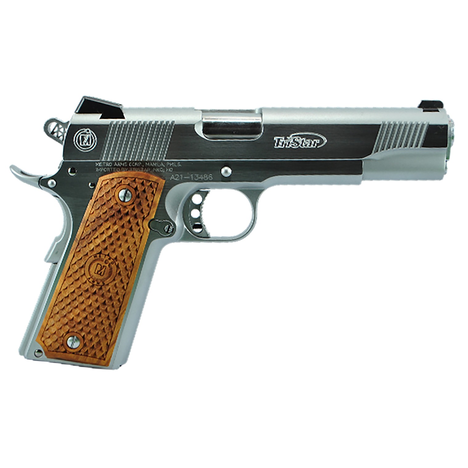 TriStar 85618 American Classic II 1911 10mm Auto Caliber with 5” Barrel, 8+1 Capacity, Overall Chrome Finish Steel, Beavertail Frame, Serrated Slide & Wood Grip