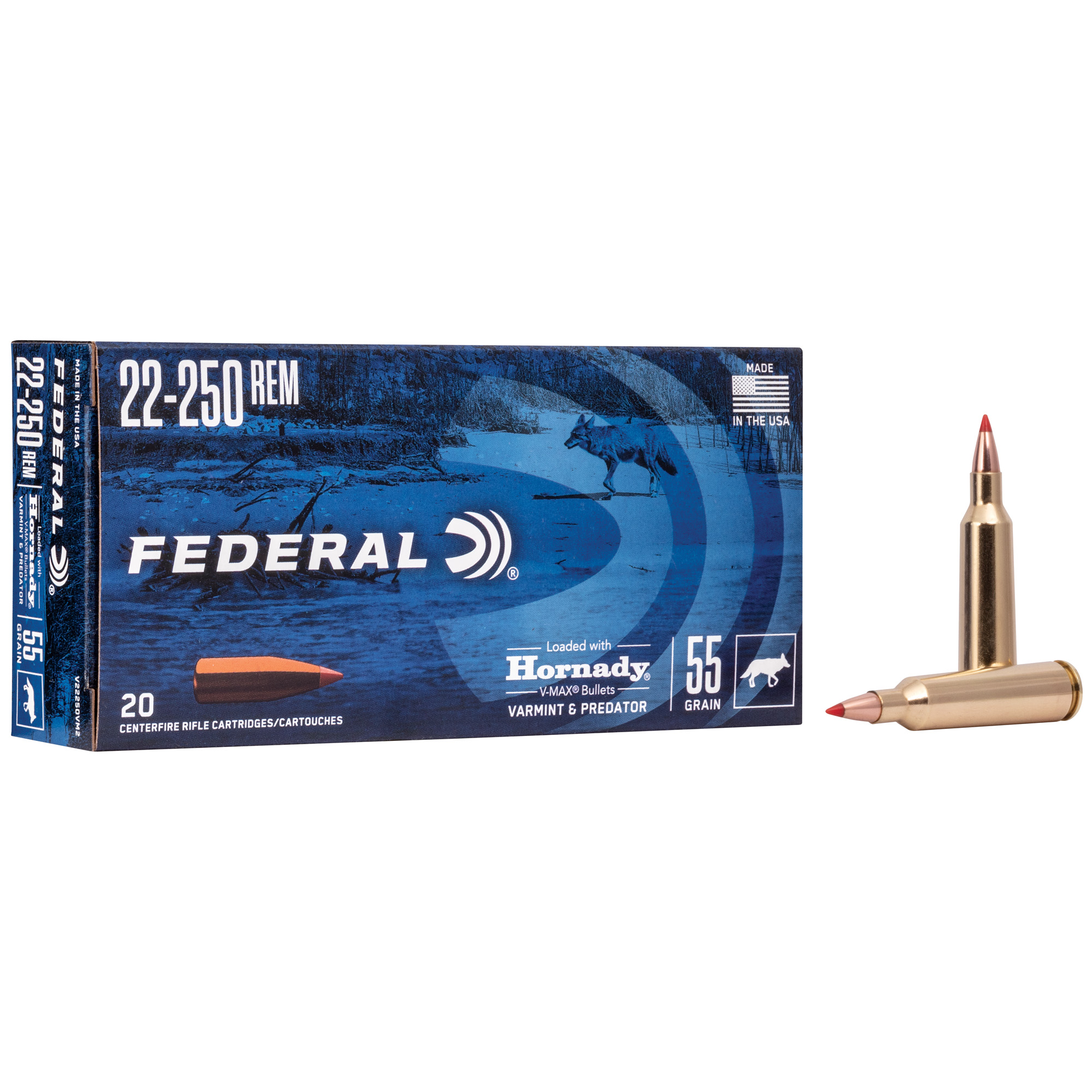 Federal V22250VM2 Varmint & Predator 22-250Rem 55gr Hornady V-Max 20 Per Box/10 Case