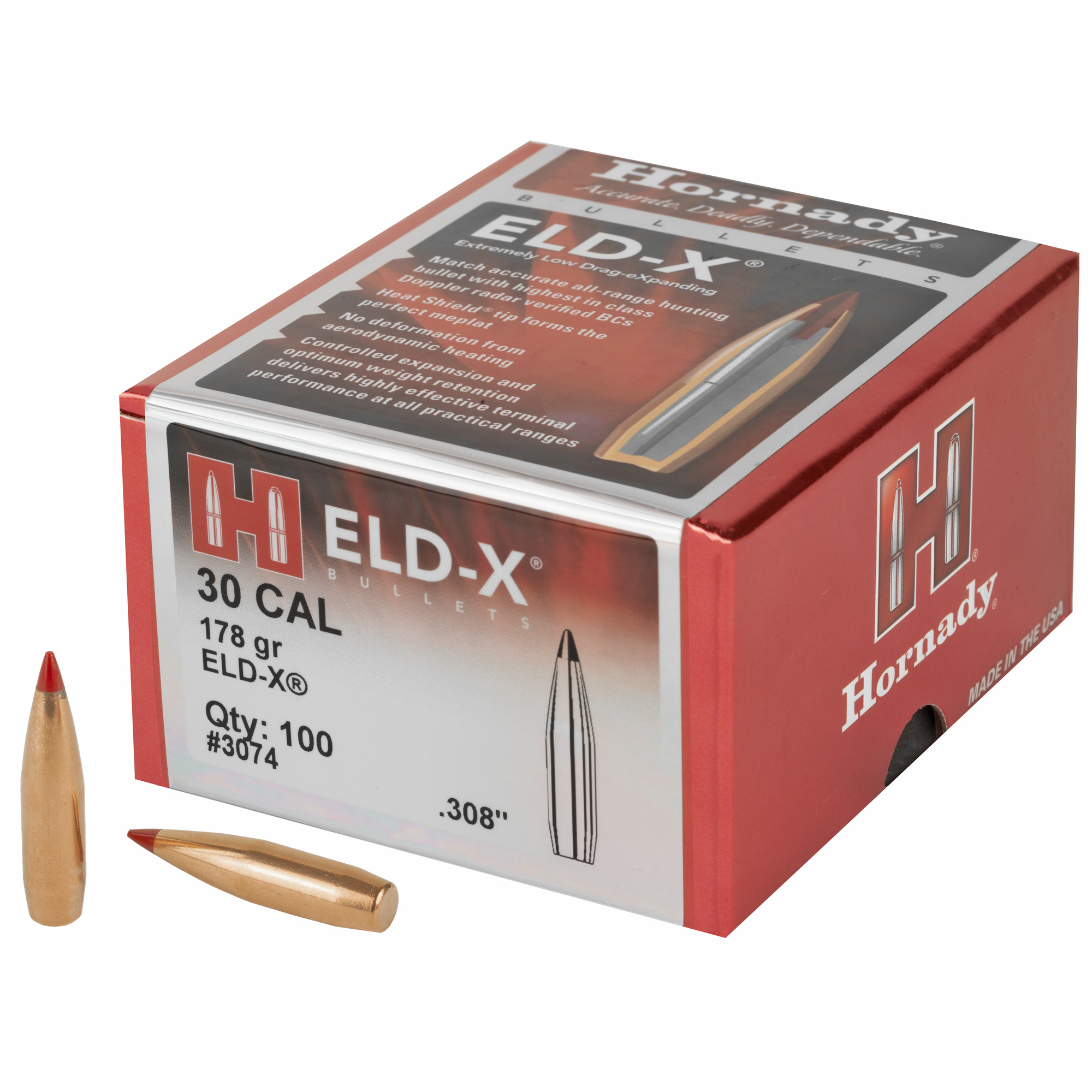 Hornady 3074 ELD-X 30 Cal .308 178 gr Extremely Low Drag eXpanding 100 Per Box/ 15 Case