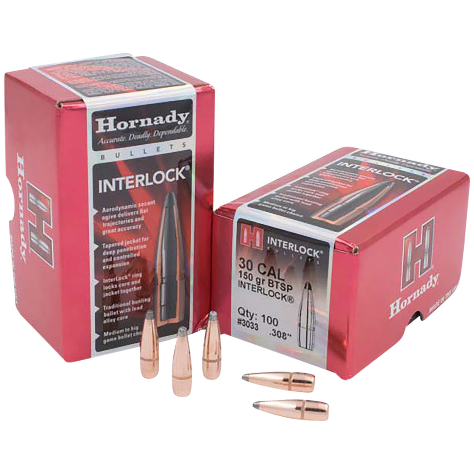 Hornady 3033 InterLock 30 Cal .308 150 gr Boat Tail Soft Point 100 Per Box/ 15 Case