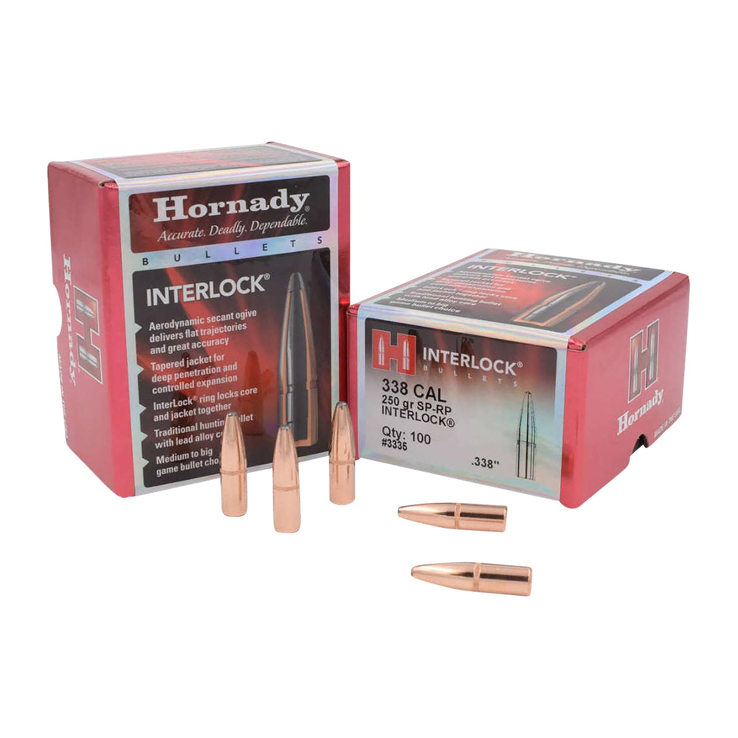 Hornady 3335 InterLock 338 Cal .338 250 gr Soft Point Recoil Proof 100 Per Box/ 15 Case