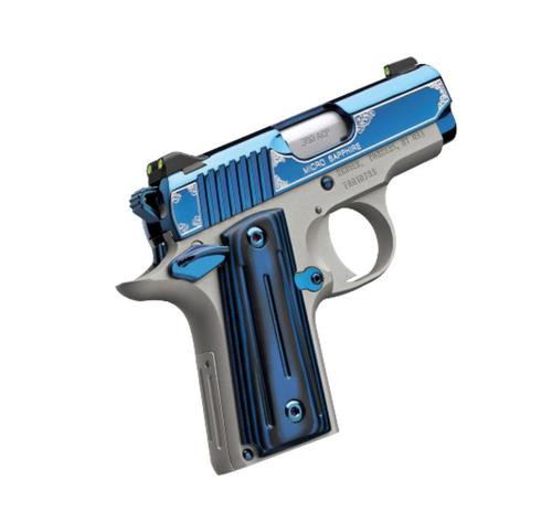 Kimber Micro Sapphire NS 380 ACP 7rd 2.75" Polished Bright Blue PVD Coating Cut Scroll Engraving and Border Stainless Steel Thin blue/black ball-milled G-10 Grip
