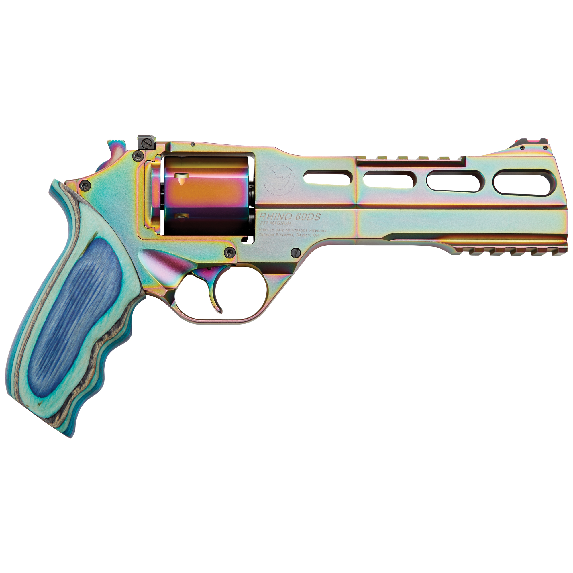 Chiappa Firearms 340301 Rhino 60DS Nebula 357 Mag Caliber with 6” Picatinny Rail/Vent Rib, 6rd Capacity Cylinder, Overall Rainbow PVD Metal Finish & Blue Laminate Grip
