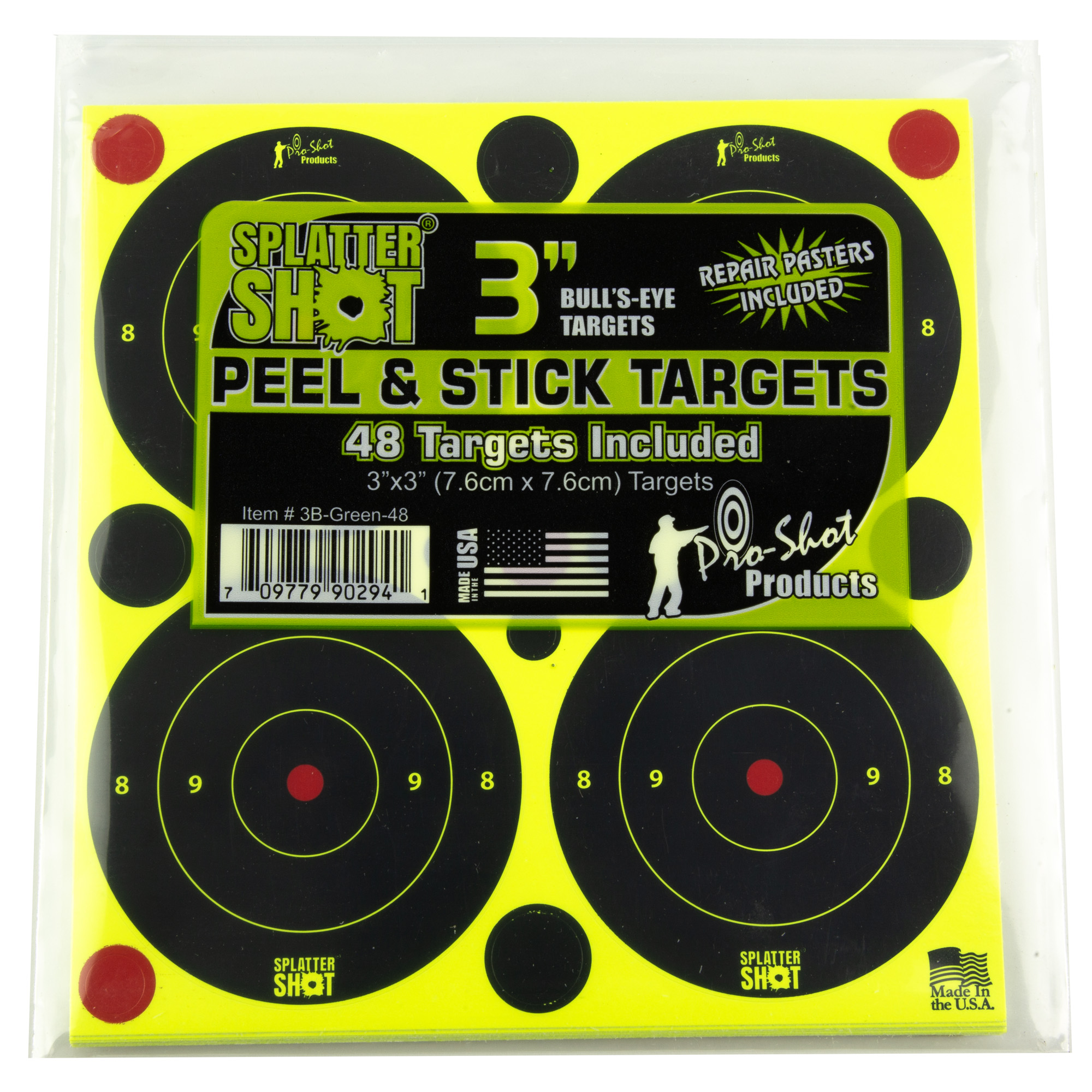 Pro-Shot 3BGREEN48 SplatterShot Self-Adhesive Paper Black/Green 3” Bullseye 12Pack/48Targets