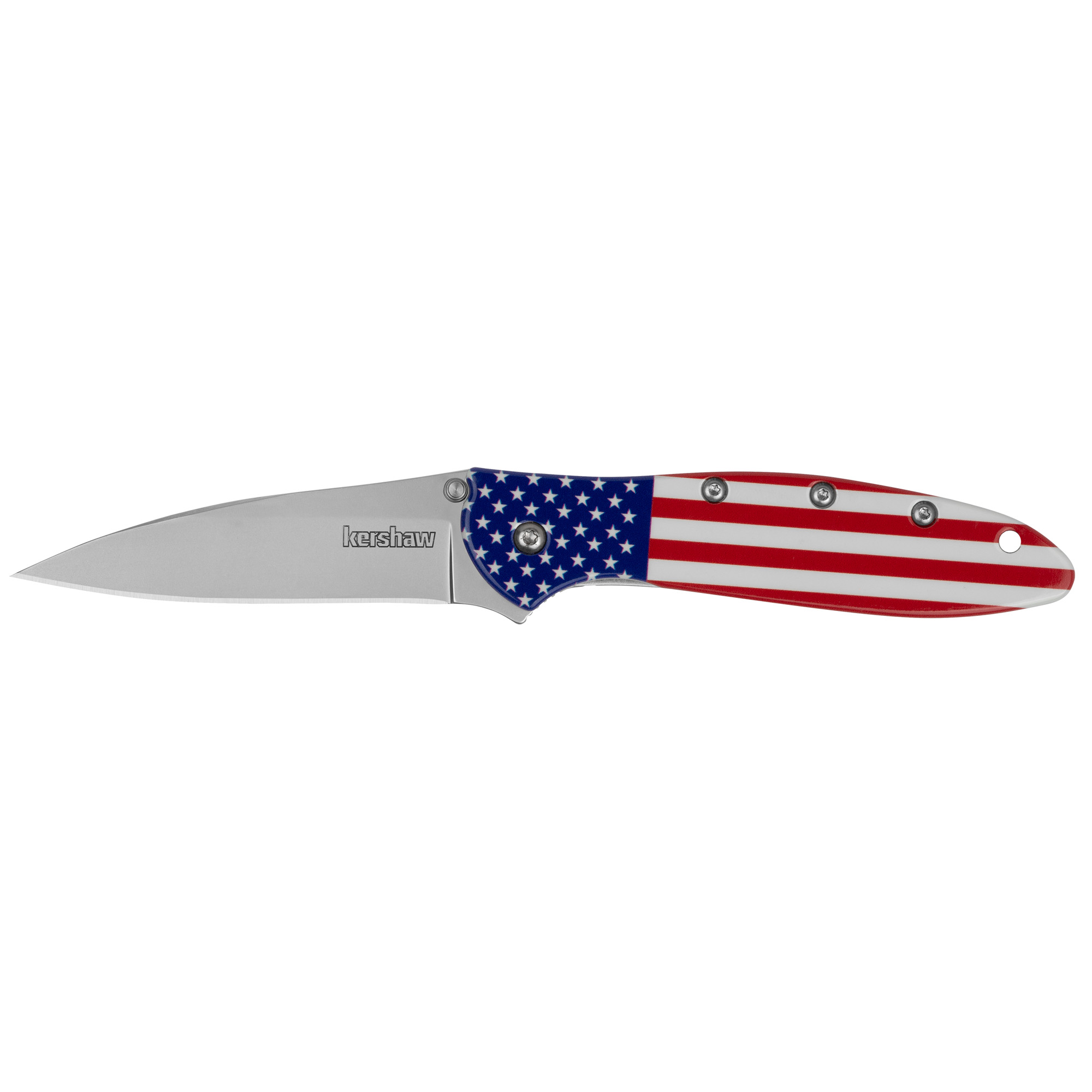 Kershaw 1660USA Leek USA EDC 3” Folding Drop Point Plain Bead Blasted 14C28N Steel Blade, Red/White/Blue Flag Aluminum Handle