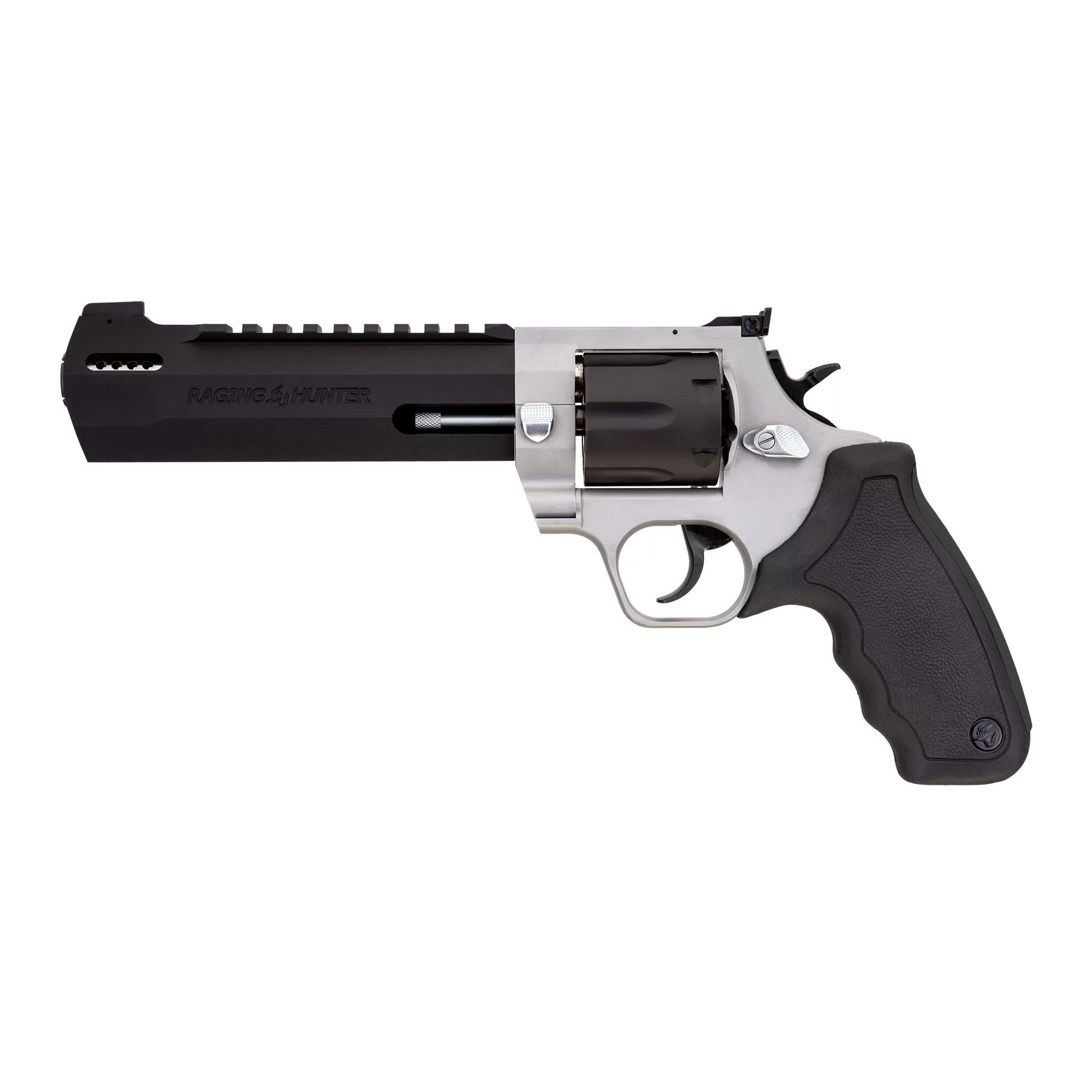 Taurus Raging Hunter 44 Magnum Revolver 6rd 6.75” Matte Black Oxide Cylinder & Barrel Matte Stainless Steel Frame Black Rubber with Integrated Red Cushion Insert Grip
