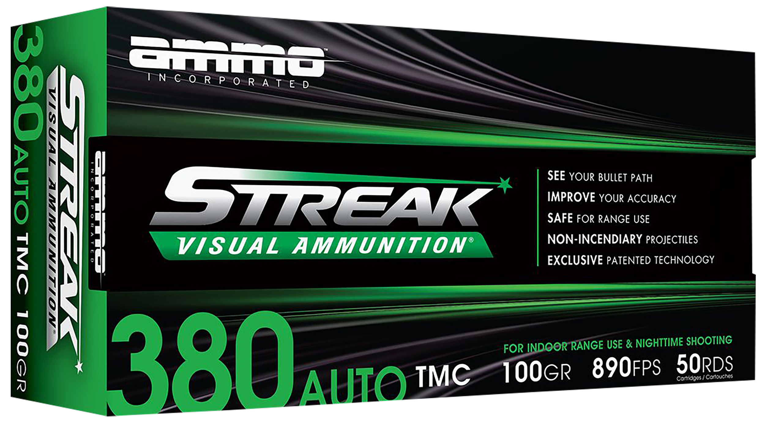 Ammo Inc Streak Visual (GREEN) Self Defense Pistol Ammunition 380100TMCSTRKGRN50, 380 ACP, Total Metal Case, 100GR, 890fps, 50 Rd/bx