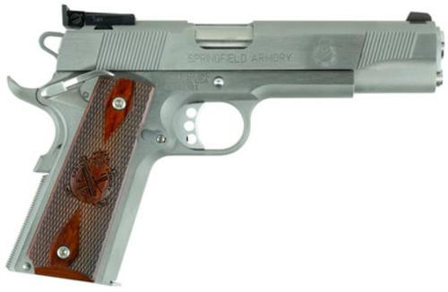 Springfield Target, 1911 45 ACP, 5", Silver, Wood, 7rd, California Compliant, Adjustable Sights, Stainless Steel