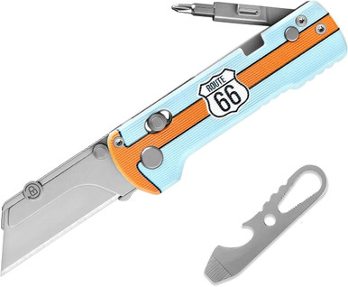 OKNIFE U1 Pro Route 66 Blue Utility Knife | Olight Otacle Folding Box Cutter with Hidden Bit Driver, Blue with Black Accents
