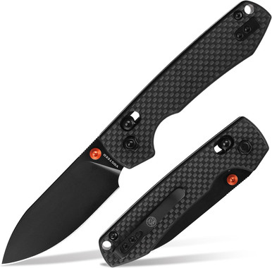 Vosteed Cutlery Raccoon Folding Knife - 3.25" Nitro-V Black Drop Point Blade, Carbon Fiber Handles, Orange Back Spacer and Thumb Stud