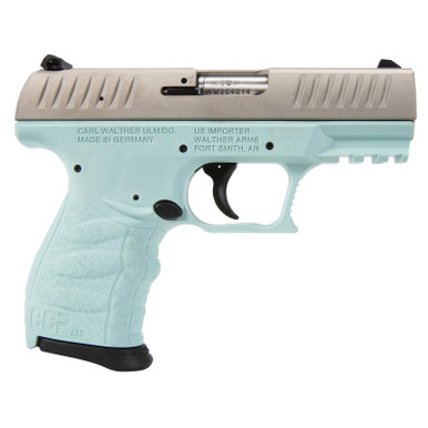 Walther Arms 5083512 CCP M2 + 9mm Luger 8+1 3.54" Barrel, Angel Blue Finish Picatinny Rail Frame, Serrated Sliver Stainless Steel Slide, Finger Grooved Polymer Grip