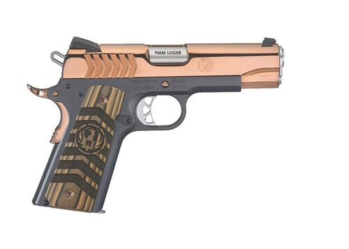 Ruger SR1911 Commander 9mm, 4.25" Barrel, Polished Rose Gold Slide, Chevron w Ruger Logo Grip, 9rd