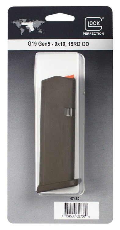 Glock 19 Magazine, 9mm, 15Rd, Cardboard Style Packaging, OD Green Finish, Orange Follower 47460
